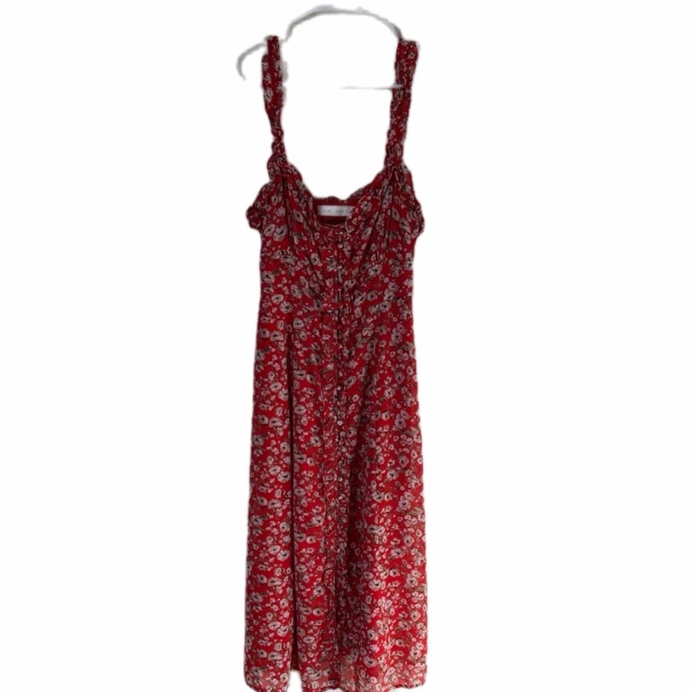 Floret Studios Red Floral Fit & Flare Midi Button Up Dress Size S Milkmaid